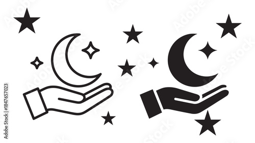 A mystical hand holding a crescent moon surrounded by twinkling stars in two variations