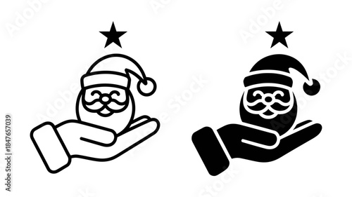 Minimalist santa claus head held in hand with star icon for holiday theme