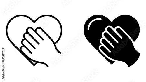 Line art and solid glyph versions of a hand over a heart, symbolizing care, health, and love.
