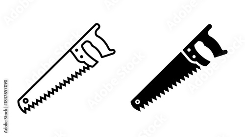 Outline and glyph styles of a hand saw icon for cutting wood or carpentry projects