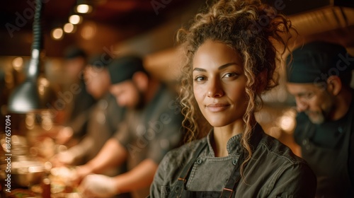 Female chef smiling in restaurant kitchen