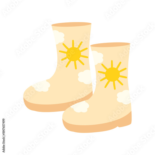 Cute kids rubber boots vector illustration with sun and cloud pattern. Flat waterproof rain footwear for children, soft pastel gumboots in flat style isolated on white background.