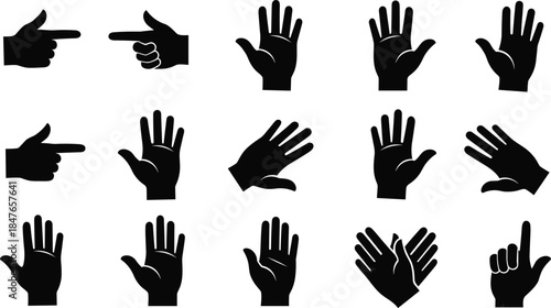 Collection of black hand silhouette icons showing various gestures, pointing fingers and open palms set, isolated vector illustration for communication and human interaction design