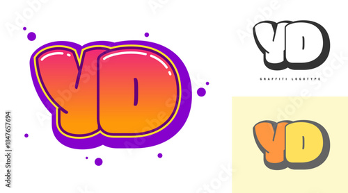 YD logo design for festival or party. Initial letter y and d in graffiti style. Creative modern lettering company name of font typography. Kids trendy logotype or identity.