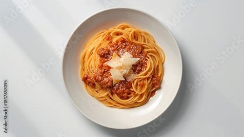 Classic Italian Spaghetti Pasta with Rich Ragu Sauce and Parmesan Shavings.