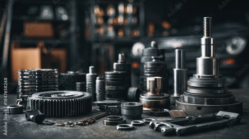Naklejka premium Industrial machine parts and metal components arranged on a workbench in a workshop