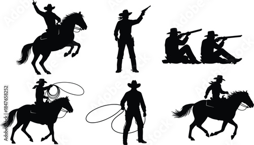 Collection of cowboy and cowgirl silhouettes in western wear and hats, isolated vector set showing men and women riding horses, standing with lassos, and shooting rifles for wild west 