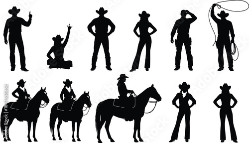 Collection of cowboy and cowgirl silhouettes in hats and western wear, isolated vector set showing men and women posing, standing, and riding horses for rodeo and ranch concepts.