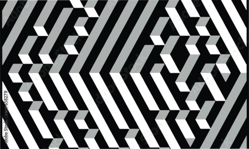 Abstract 3D Geometric Isometric Pattern with Black and White Zigzag Lines Modern Monochrome Optical Illusion Background with Interlocking Stripes Minimalist Architectural Style Graphic Design Vector I