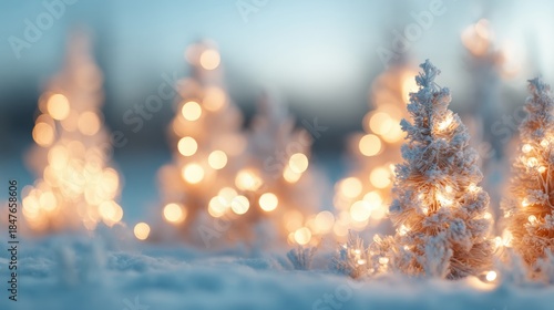 Wallpaper Mural Winter scene with small trees decorated with lights in the snow at dusk Torontodigital.ca