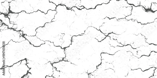 Cracked dry earth texture with dark lines and small dots on white background abstract black broken brown
