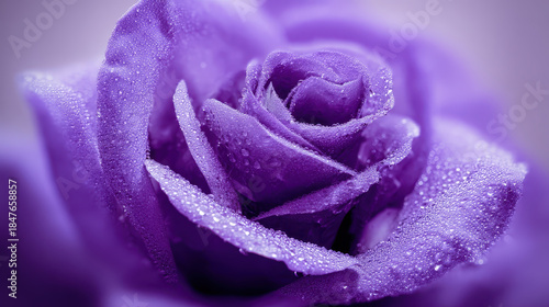 Purple rose with water droplets close up macro photography showing delicate petals and fresh natural beauty in soft focus