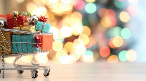 Wallpaper Mural Holiday shopping cart filled with gifts near colorful lights Torontodigital.ca