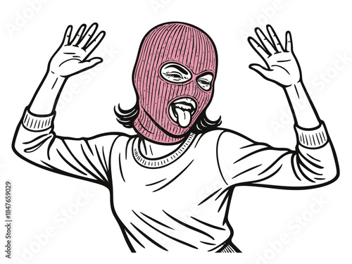 woman wearing a pink ski mask, sticking out her tongue with raised hands in a playful sketch engraving generative ai fictional character vector illustration. Scratch board. Black and white image.
