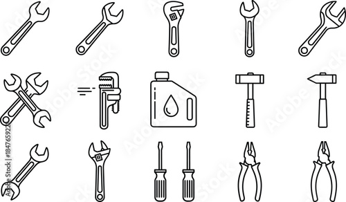 Mechanical Tools and Repair Line Icons Set, Wrench, Spanner, Pliers, Screwdriver, and Hammer Outline Symbols Collection, Workshop Equipment Vector