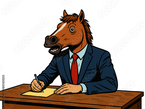 man with a horse head wearing a suit and red tie, writing on paper at a wooden desk. Generative ai vector colorful pop art illustration.