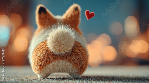 A fluffy butt of a Welsh Corgi on a blurred background with a red heart