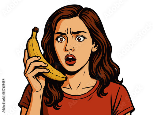 surprised woman holding a banana like a phone, shouting with an expressive and dramatic face. Generative ai vector colorful pop art illustration.