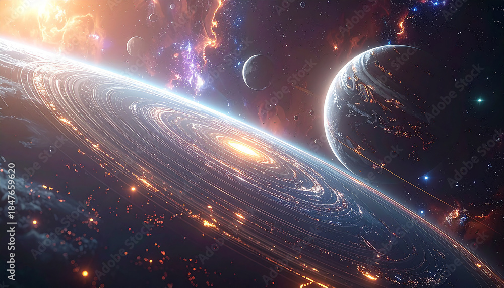 Obraz premium Cosmic Marvel: Gaze upon a breathtaking cosmic vista, where galaxies swirl amidst a nebula of color, planets are cradled in glowing rings, and celestial bodies dance in the expansive blackness.