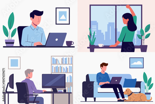 A colorful illustration depicting four individuals in different work settings, highlighting remote work diversity.