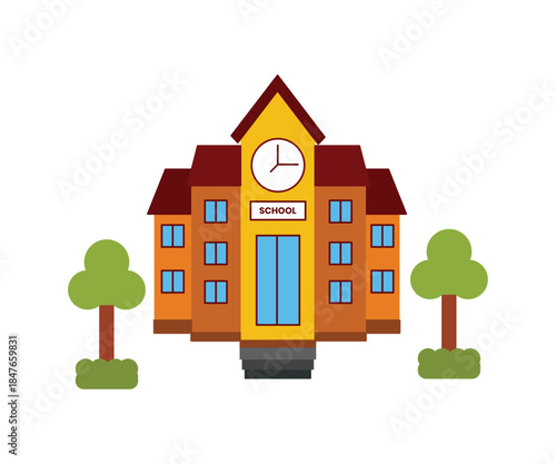 Colorful flat vector of a school building featuring a clock tower, blue windows, and green trees. Ideal for educational designs, back-to-school themes, and institutional icons.
