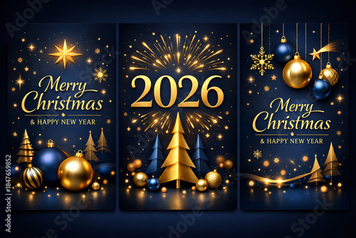 Happy New Year 2026 and Merry Christmas blue dark and gold social media backgrounds with fireworks - Templates for square, portrait posts and etc.