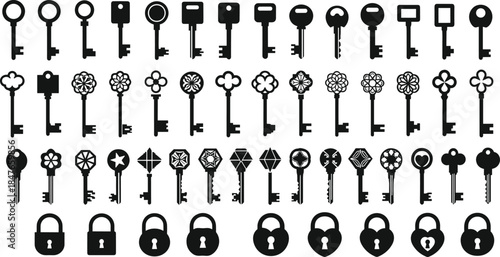 Large collection of black key silhouettes and padlocks, vintage and modern skeleton keys isolated vector set for security, access and antique design concepts