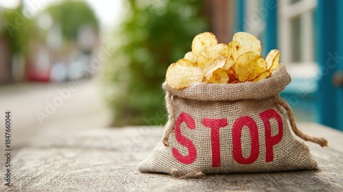 Fototapeta Naklejka Na Ścianę i Meble -  Bag of chips sits on a wooden table outside near a blue door