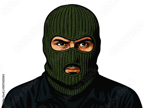 serious-looking man wearing a green balaclava, with intense eyes and dark clothing on white background. Generative ai vector colorful pop art illustration.