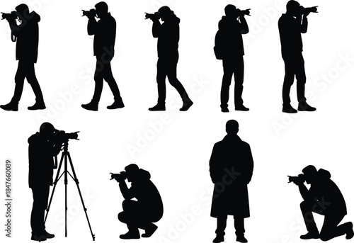 Photographer Silhouette Vector Set, Professional Cameraman Collection Featuring Tripod, Kneeling, and Standing Poses, Media Press and Paparazzi Icons for Creative Digital Photography Design