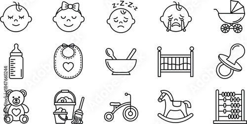 Newborn Baby and Nursery Outline Icons Set, Childhood Care, Infant Toys, Feeding, Sleeping, and Pregnancy Symbols Vector Collection for Healthcare