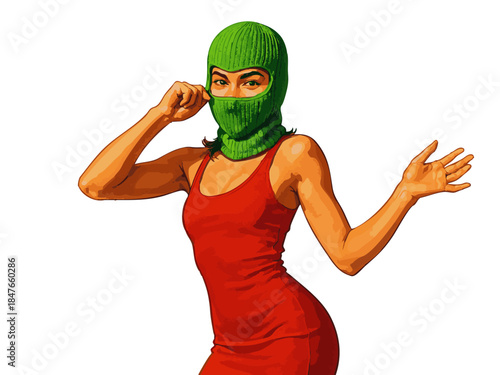 woman wearing a red dress and green ski mask, posing with attitude and mystery. Generative ai vector colorful pop art illustration.