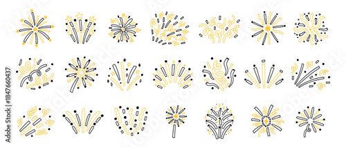Doodle Сonfetti Firecracker Party Set. Hand Drawn Celebrate Firework Element Bundle in white background. Line Vector Illustration
