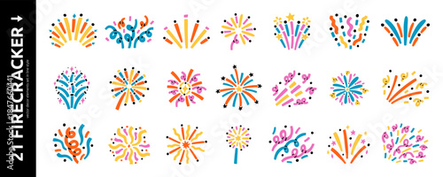 Doodle Сonfetti Firecracker Set. Hand Drawn Celebrate Firework Element Bundle in white background. Line Vector Illustration