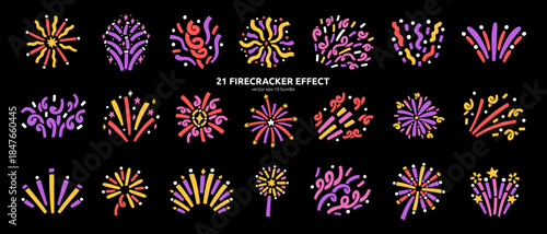 Doodle Bright Confetti Firecracker Kit. Hand Drawn Celebrate Firework Element Bundle in Black Background. Line Vector Illustration