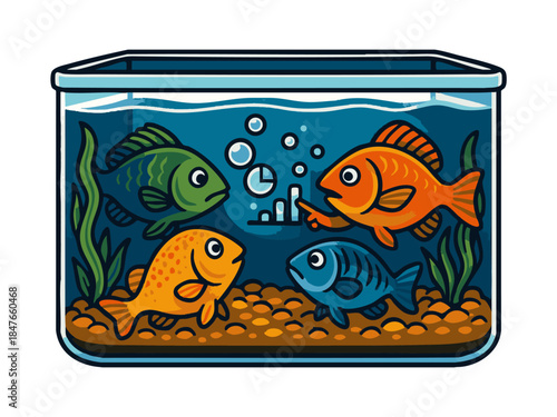 colorful cartoon fish in a tank, with one pointing at a bubble chart as if giving a presentation. Generative ai vector colorful pop art illustration.