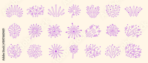 Doodle Purple Сonfetti Firecracker Kit. Hand Drawn Celebrate Firework Element Bundle in Beige Background. Line Vector Illustration