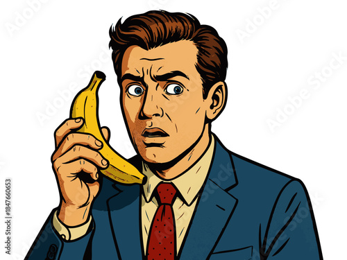 surprised man in a suit holding a banana to his ear as if it were a phone. Generative ai vector colorful pop art illustration.
