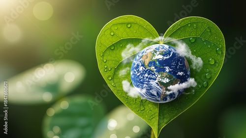 Heart-shaped green leaf with Earth inside, symbolizing love for the planet on Earth Day