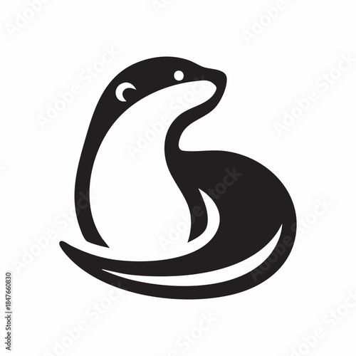Stylized black and white logo of an otter curled up