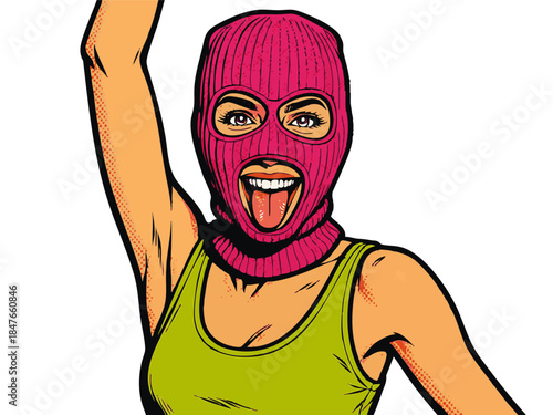 woman in a pink balaclava, making a silly face and posing with hands up. Generative ai vector colorful pop art illustration.