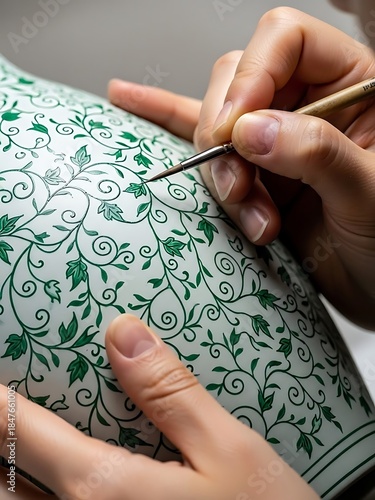 Intricate floral designs being painted meticulously onto a ceramic surface