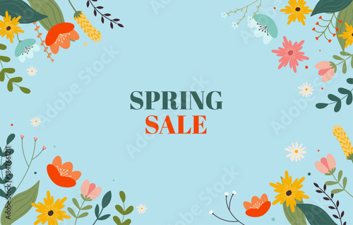 Flat vector illustration spring sale for website banner with flowers