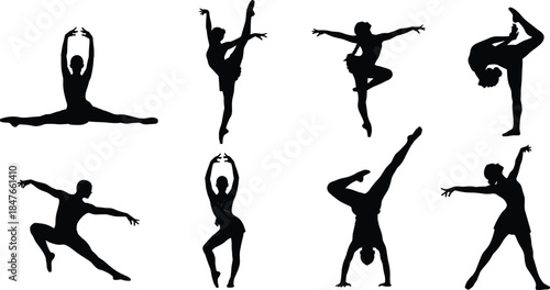 Set of black ballet and modern dancer silhouettes in various graceful poses, isolated vector illustration of gymnasts and performers for dance and art