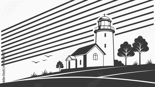 Lighthouse and Building on a Hilltop, Coastal Landscape with Flying Birds Vector