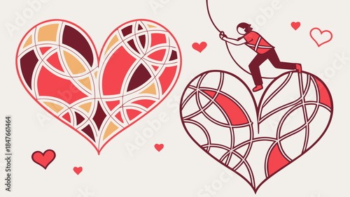  Figure Fishing for Love in Stylized Heart. Romance, Connection, Relationship Search Concept