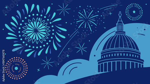 . National Celebration Fireworks Over Iconic Dome Building at Night. Festive Event and Patriotic Display