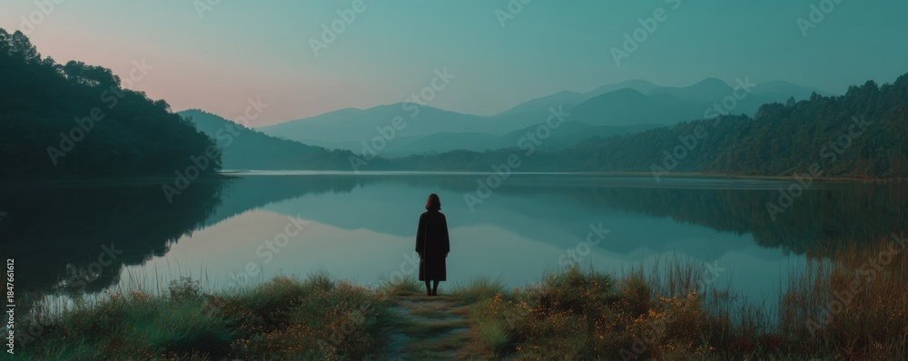 Fototapeta premium Serene lakeside scene with a lone figure by calm water and misty mountains at dawn