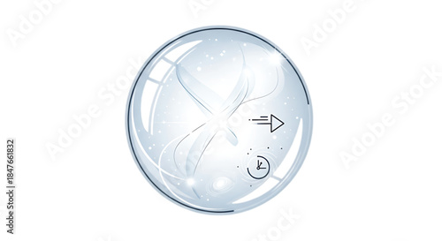 Clear glass sphere reflecting abstract light patterns and digital icons, symbolizing future technology and innovation.