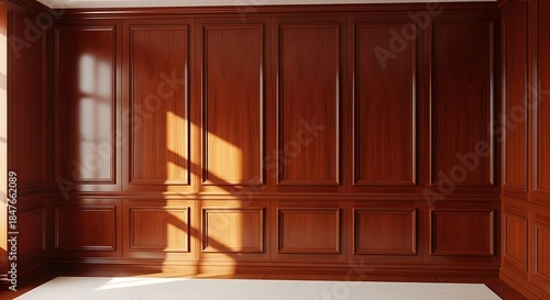 Ornate woodwork paneling with sunlight, a classic aesthetic room design